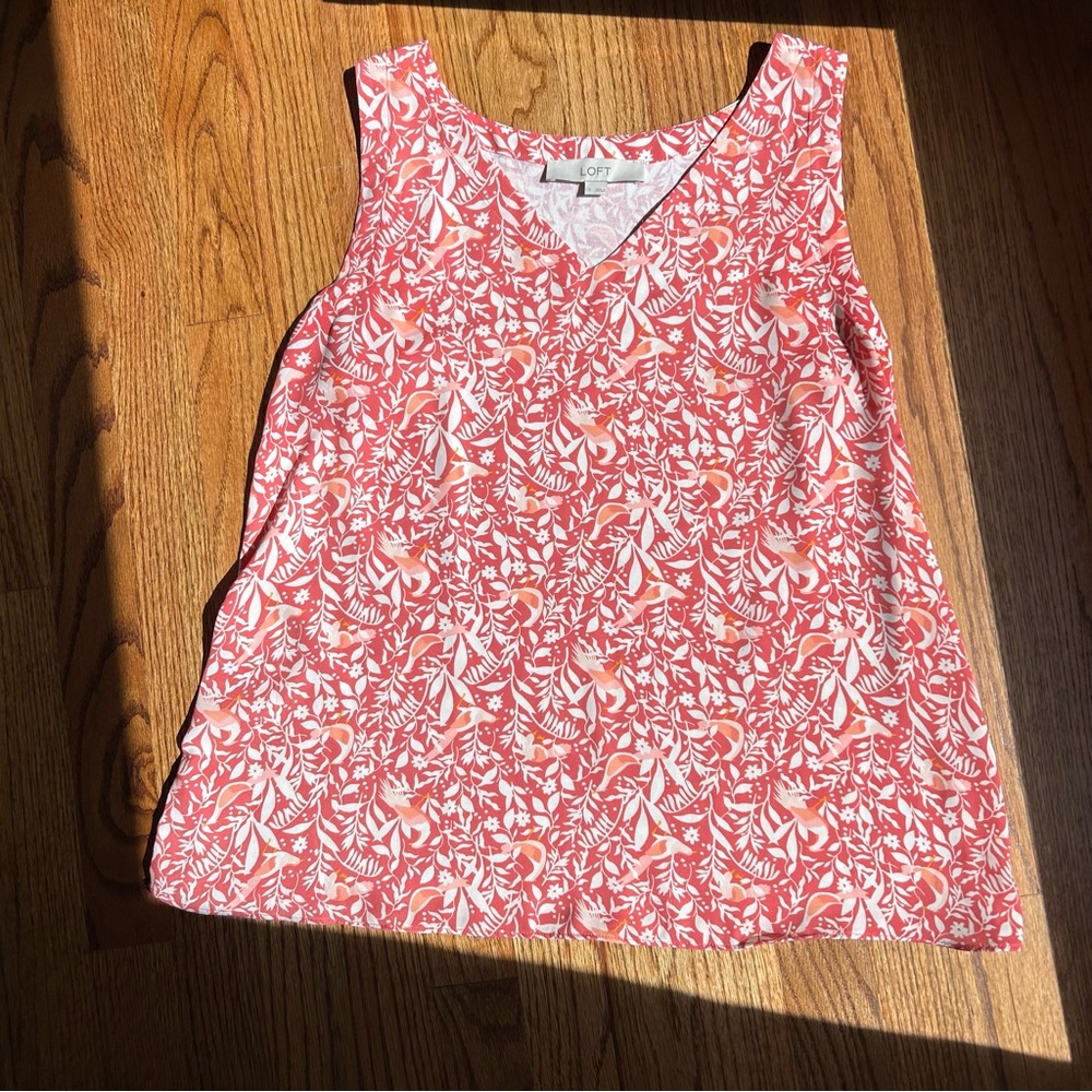Ann Taylor LOFT Pink Orange White Bird Print Tank Blouse Top Size S